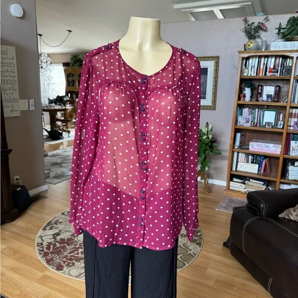 French Connection sheer red & white long sleeve blouse-size L - Picture 4 of 9